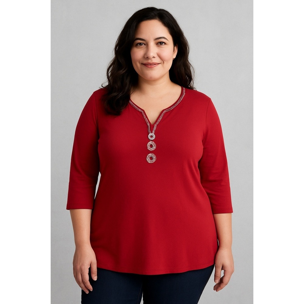 Bob Mackie Wearable Art Women's Top 2X Red 3/4 Sleeve Beaded Artsy Boho EUC